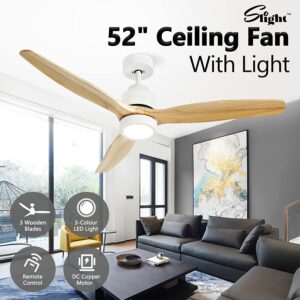 Maxkon Wood Ceiling Fan Light Cooling With Remote Control LED Quiet Bedroom Living Room Modern 3 Blades 5 Speed Reverse Motor 3 Timers 52 Inch Nature Colour