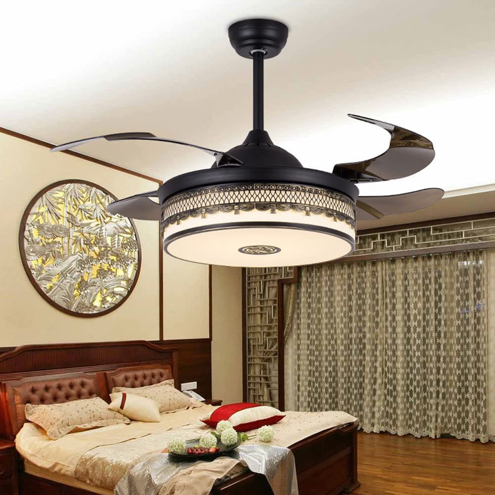 Chinese Hotel Inn Fan Chandelier Retro Fabric Remote Control Ceiling Fan Lamp LED Trichromatic Dimming ABS Fan Light for Bedroom Living Room Dining Room with Mute
