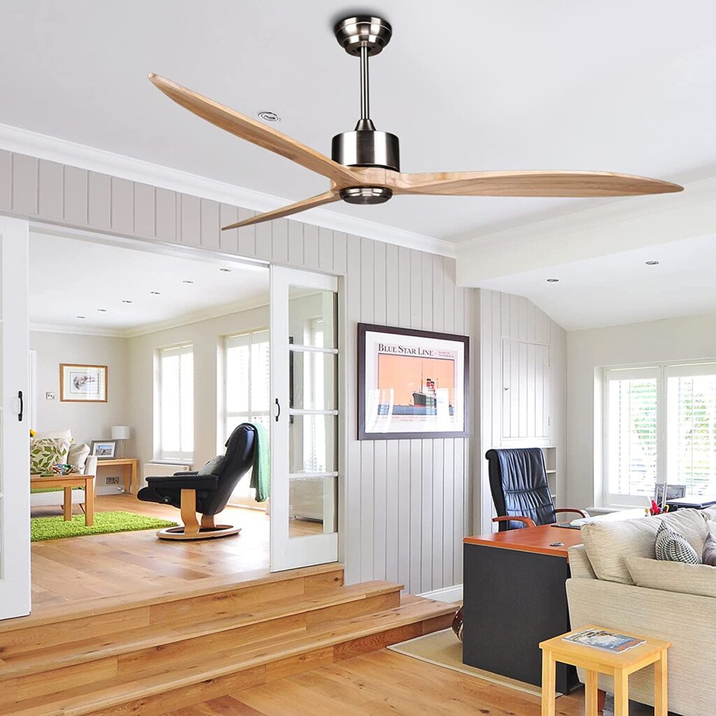 7PANDAS 65_ (164CM) Timber Ceiling Fan with Remote Control, DC Motor, 3 Reversible Blades, 6 Speed - Natural Wood Colour